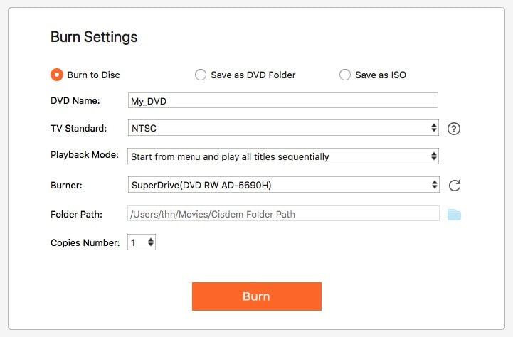 Cisdem DVD Burner Burn Settings Tab
