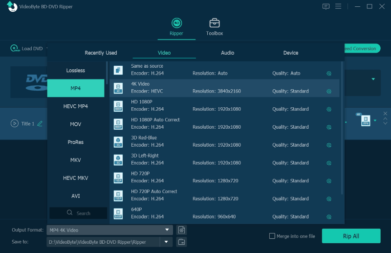 Videobyte BD-DVD Ripper Select Output Format