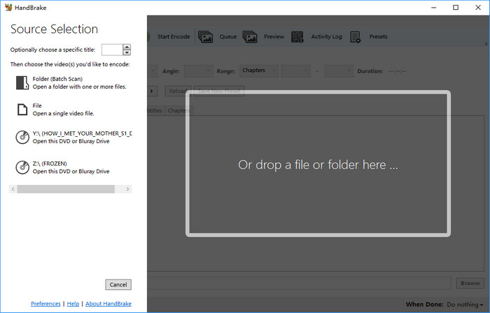 Handbrake Source Selection
